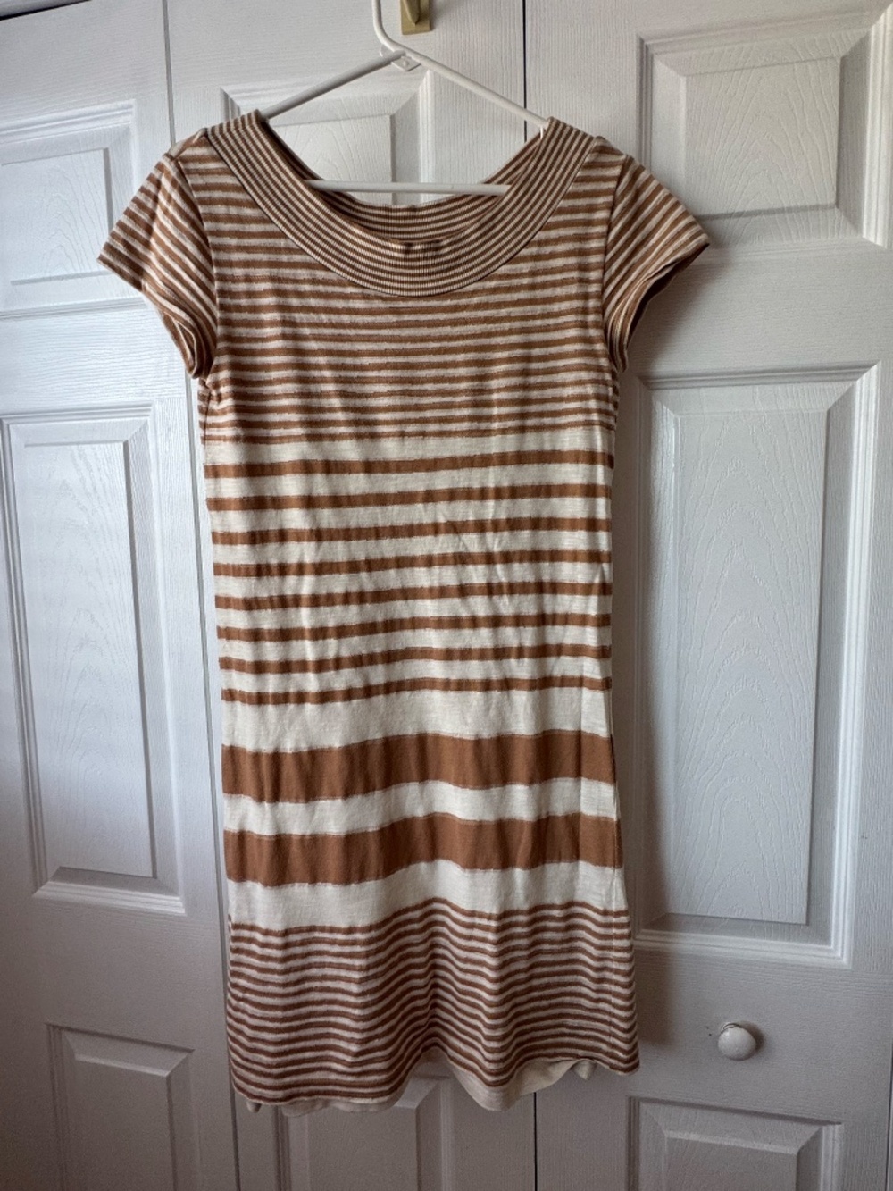 Maeve Anthropologie Striped Cap Sleeve Knit Tunic Mini Dress Brown Cream XS